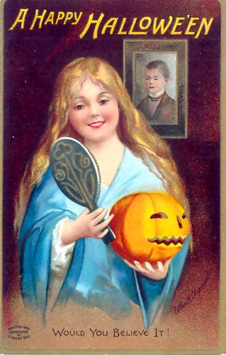 A 1904 Halloween postcard of a young woman holding a hand mirror and a jack-o'-lantern